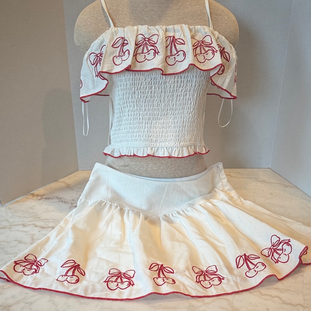 Embroidered Cherry Two-Piece Dress in White and Red